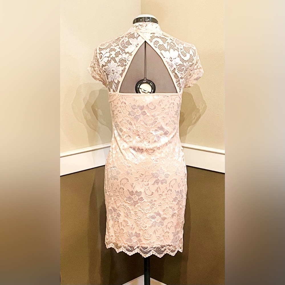 Pink Floral Lace Overlay Dress Size Medium 7/9 Mock Neck Open Back Silver - Picture 5 of 7